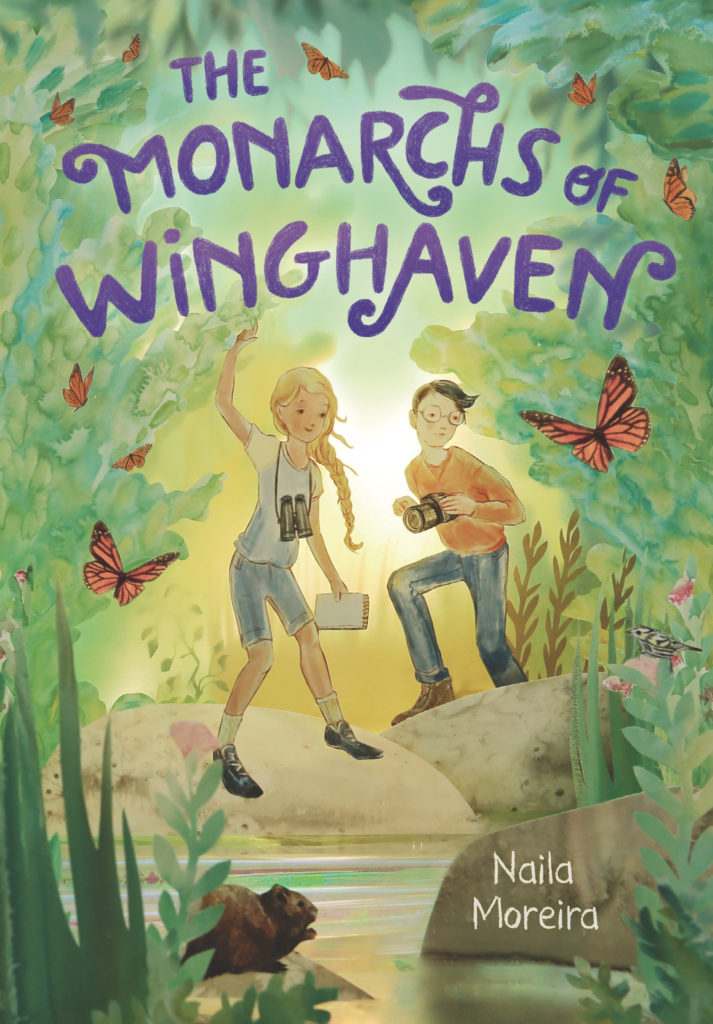 Cover for THE MONARCHS OF WINGHAVEN. Two children peer through a gap in the trees and shrubs toward a pond. The girl has a long blond braid, shorts and a t-shirt, a pair of binoculars and a notebook. The boy has glasses, black hair, a long-sleeve shirt, boots and jeans, and carries a camera. Around them flit wildlife like monarch butterflies, a muskrat and birds.